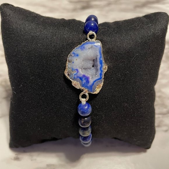 Hand Crafted Jewelry - Handmade Druzy Agate Slice Stretch Bracelet Blue Dyed Agate Lapis Lazuli Beads